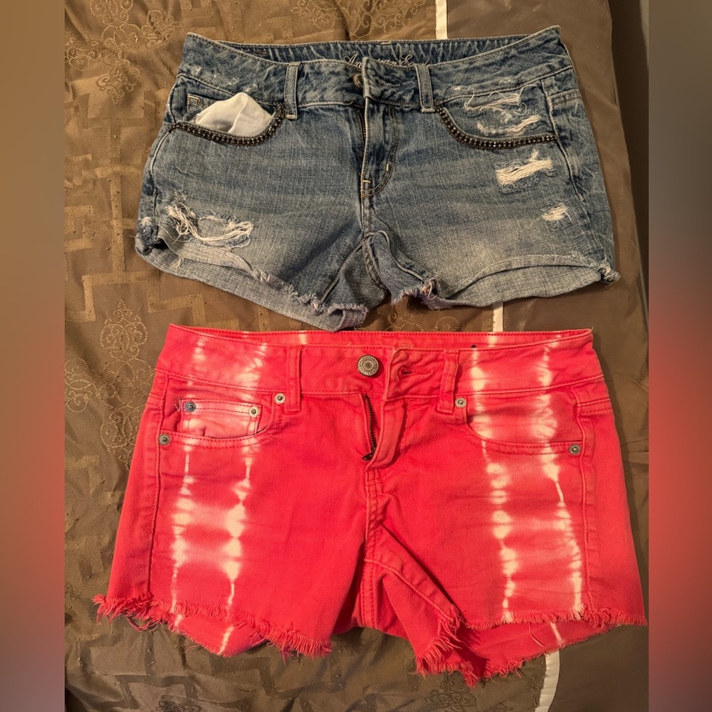 American Eagle Outfitters  1 Red Tie-Dye and 1 Blue Distressed Jean Shorts .